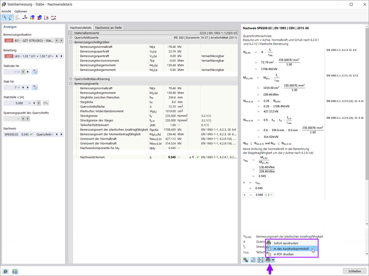 Druck von Nachweisdetails im Ausdruckprotokoll