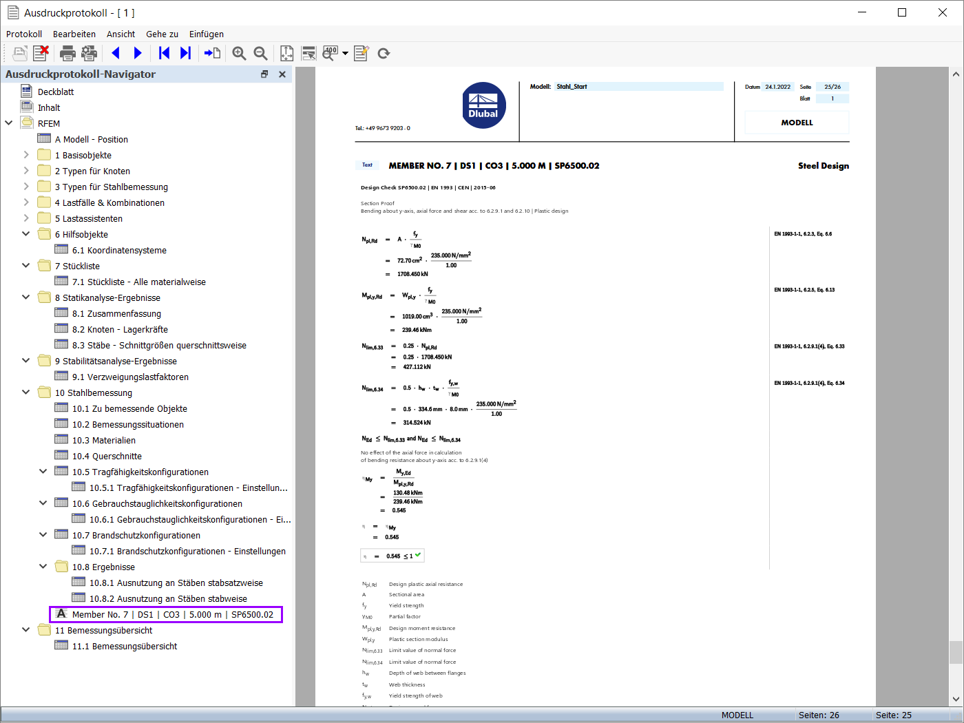 Nachweisdetails im Ausdruckprotokoll