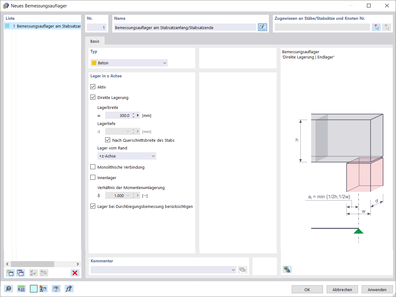 Definition der Bemessungsauflager am Stabanfang/-ende