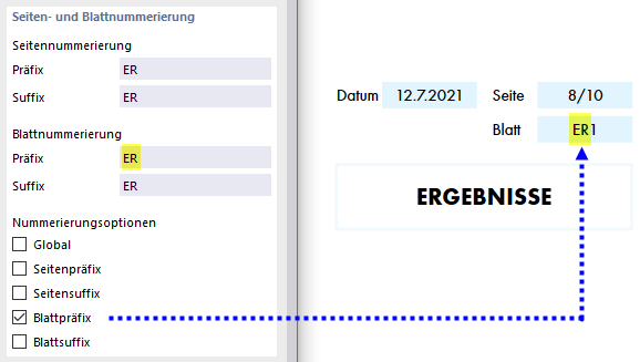 Blattnummerierung mit Präfix festlegen mit Resultat