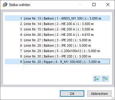 Stäbe in Dialog auswählen