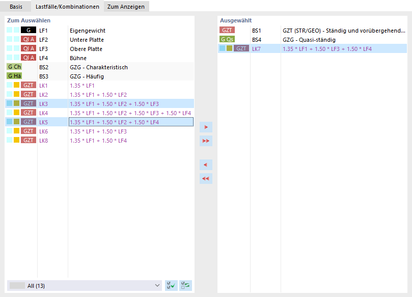 Lastfälle und Kombinationen für Ausdruckprotokoll festlegen