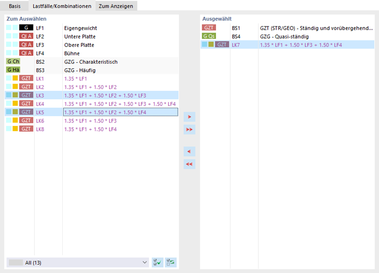 Lastfälle und Kombinationen für Ausdruckprotokoll festlegen