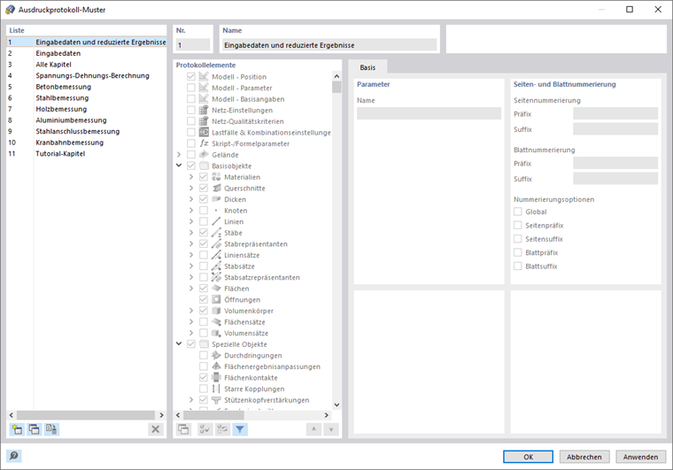 Dialog 'Ausdruckprotokoll-Muster'