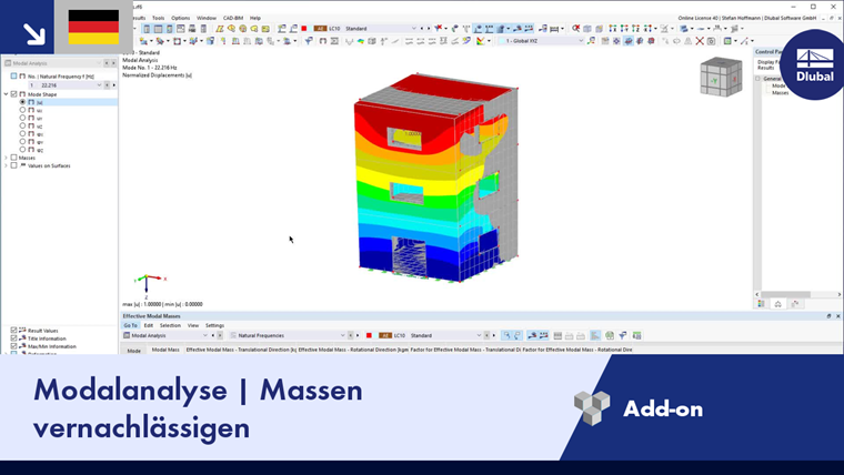 Illustration einer Modalanalyse, die die Auswirkungen der Vernachlässigung von Massen in einem bautechnischen Kontext zeigt.
