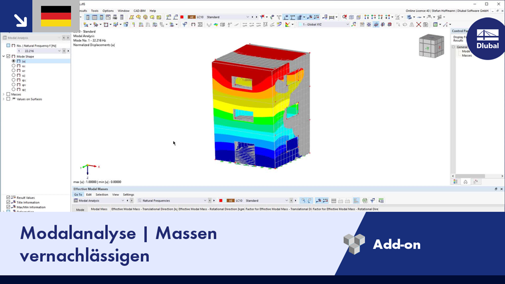 Illustration einer Modalanalyse, die die Auswirkungen der Vernachlässigung von Massen in einem bautechnischen Kontext zeigt.