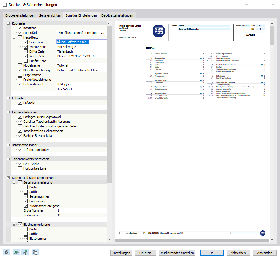 Firmennamen in Kopfzeile definieren