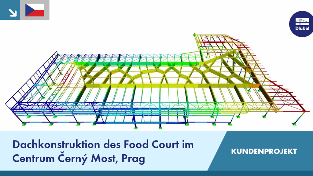 Moderne Dachkonstruktion im Food Court des Centrum Černý Most in Prag zeigt innovative Nutzung von Stahl und Glas.
