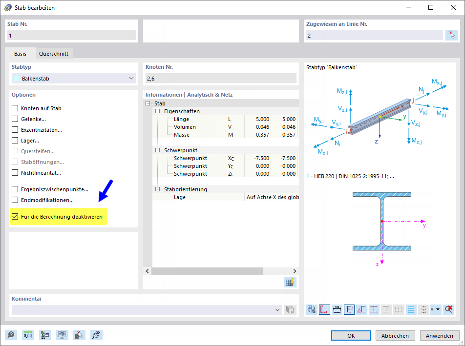 Stab für die Berechnung deaktivieren