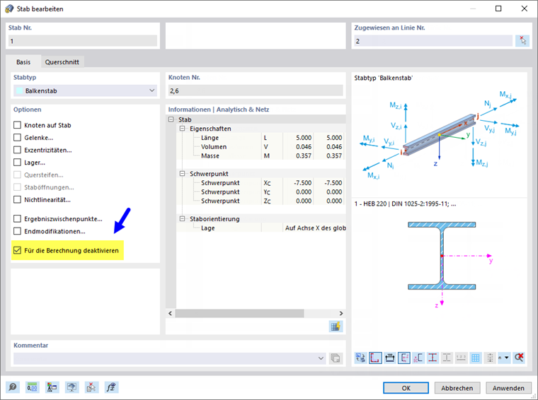 Stab für die Berechnung deaktivieren