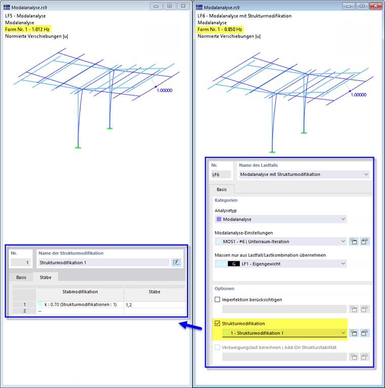 Modalanalyse ohne Strukturmodifikation (links) und mit reduzierten Stützensteifigkeiten (rechts)