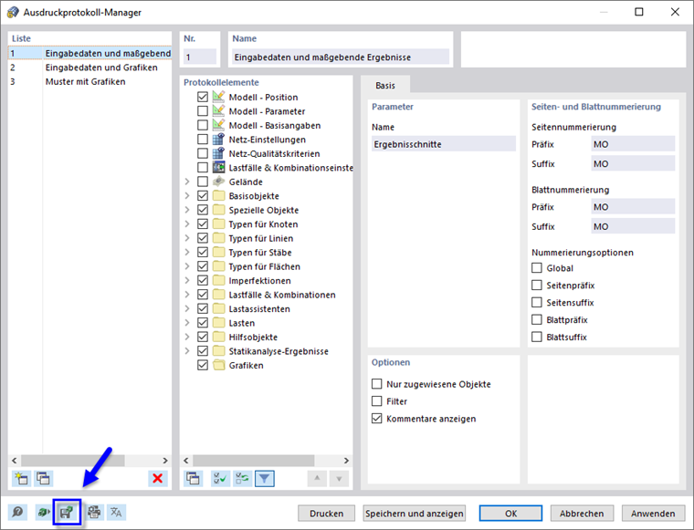 Selektiertes Ausdruckprotokoll als Vorlage speichern