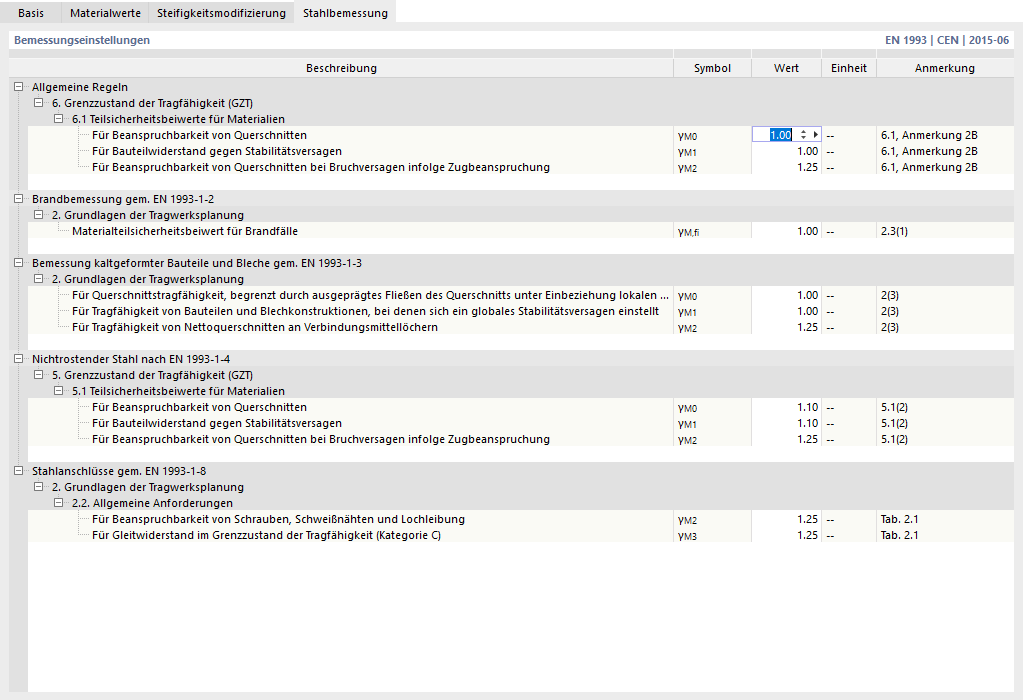 Teilsicherheitsbeiwerte anpassen