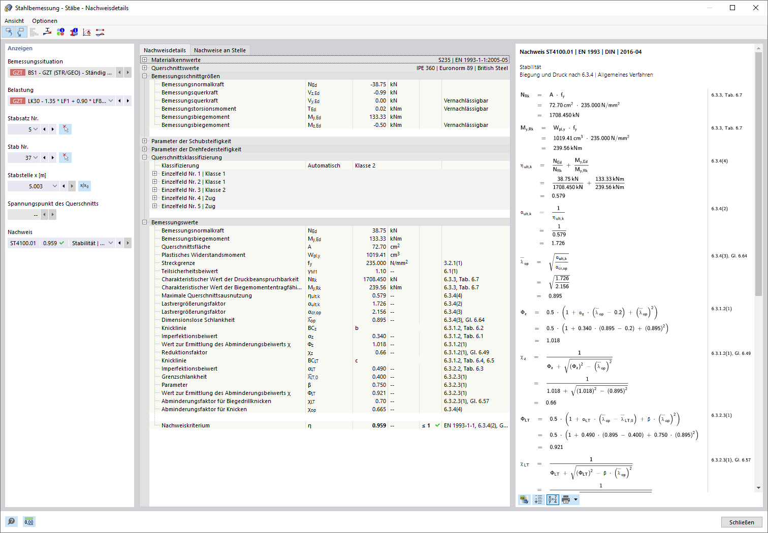 Detailansicht der Stahlbemessung mit Normnachweisen und Strukturergebnissen.