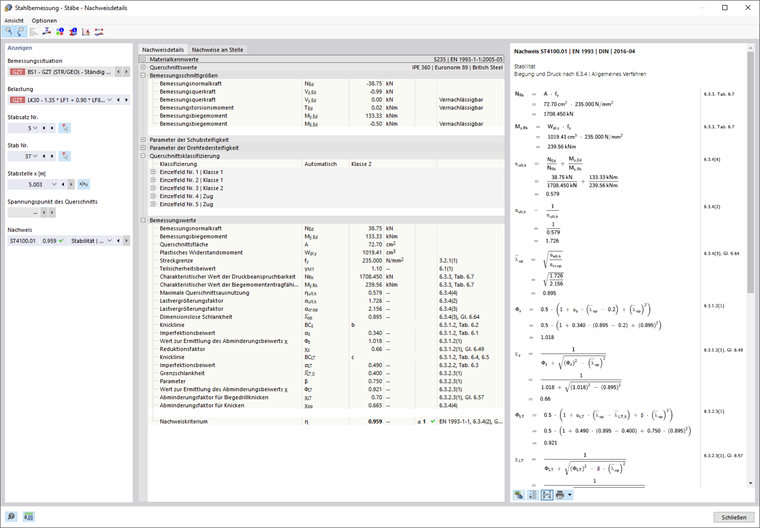 Detailansicht der Stahlbemessung mit Normnachweisen und Strukturergebnissen.