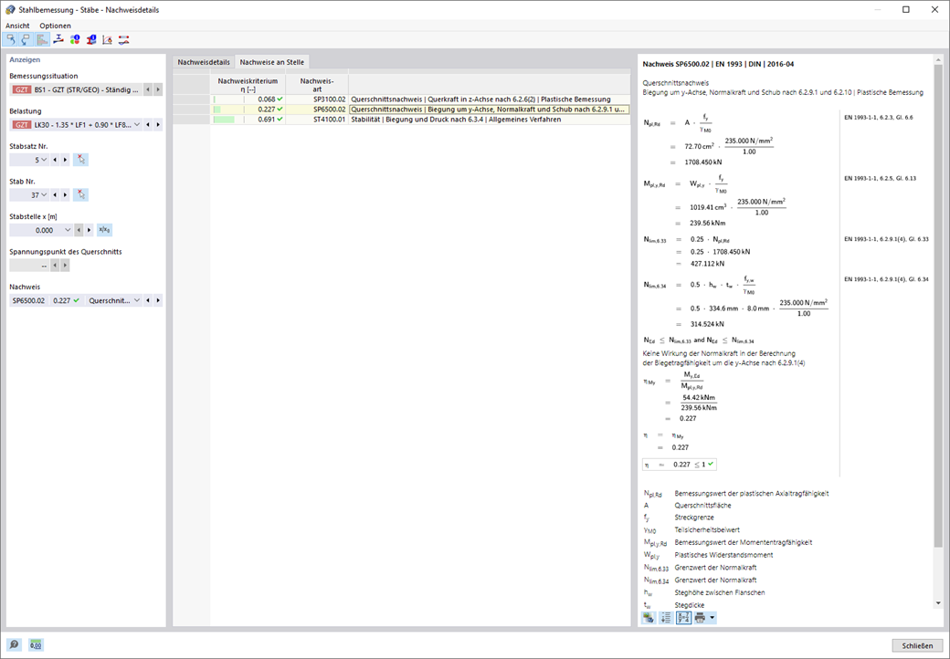Nachweisdetails der Stahlbemessung | Nachweise an Stelle