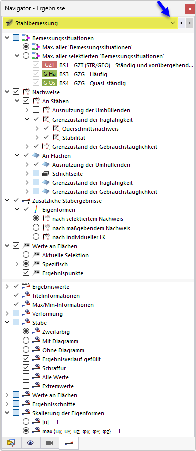 Navigator - Ergebnisse für Stahlbemessung