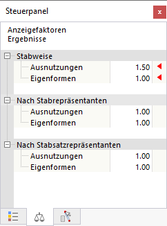Anzeigefaktoren für Bemessungsergebnisse im Steuerpanel