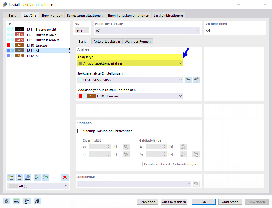 Analysetyp 'Antwortspektrenverfahren' für Lastfall festlegen
