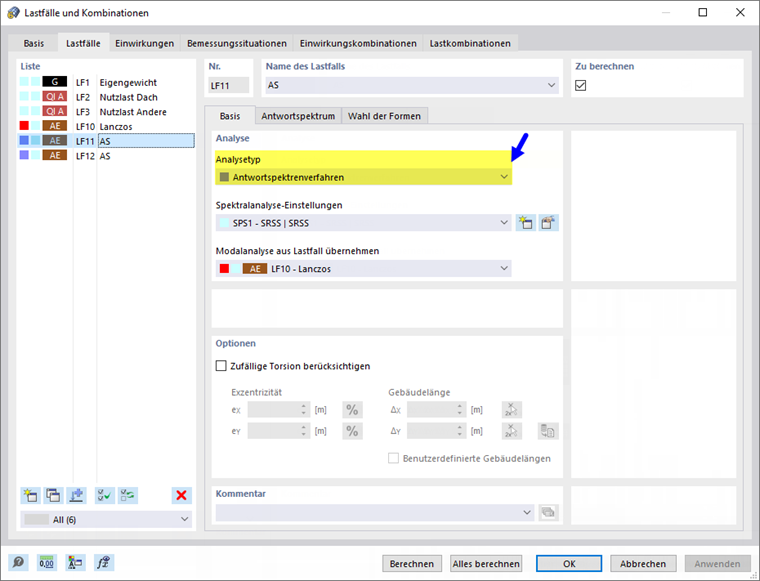 Analysetyp 'Antwortspektrenverfahren' für Lastfall festlegen