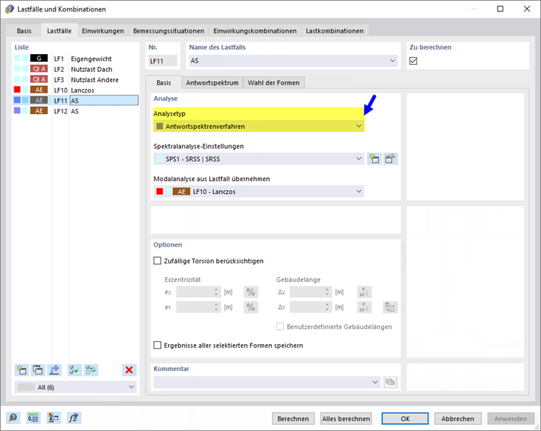 Analysetyp 'Antwortspektrenverfahren' für Lastfall festlegen