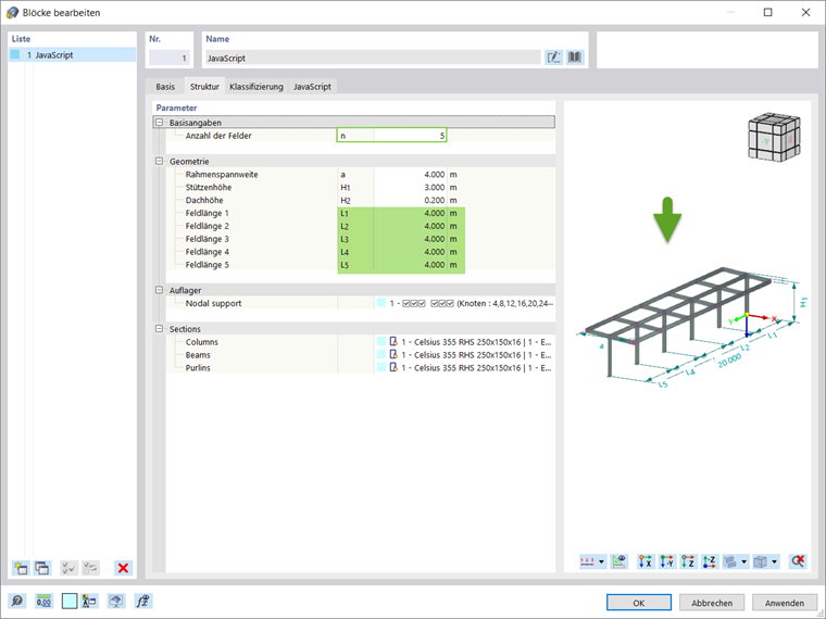 Block mit Anzahl Felder n=5