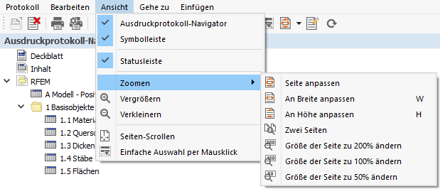 Ausdruckprotokoll-Menü 'Ansicht'