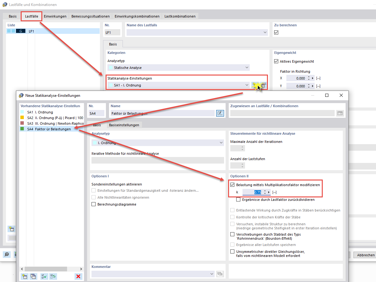 FAQ 005210 | Kann ich die Belastungen eines oder mehrerer Lastfälle, mit einem Faktor versehen, der alle Belastungen in diesen Lastfällen gleichmäßig erhöht ode