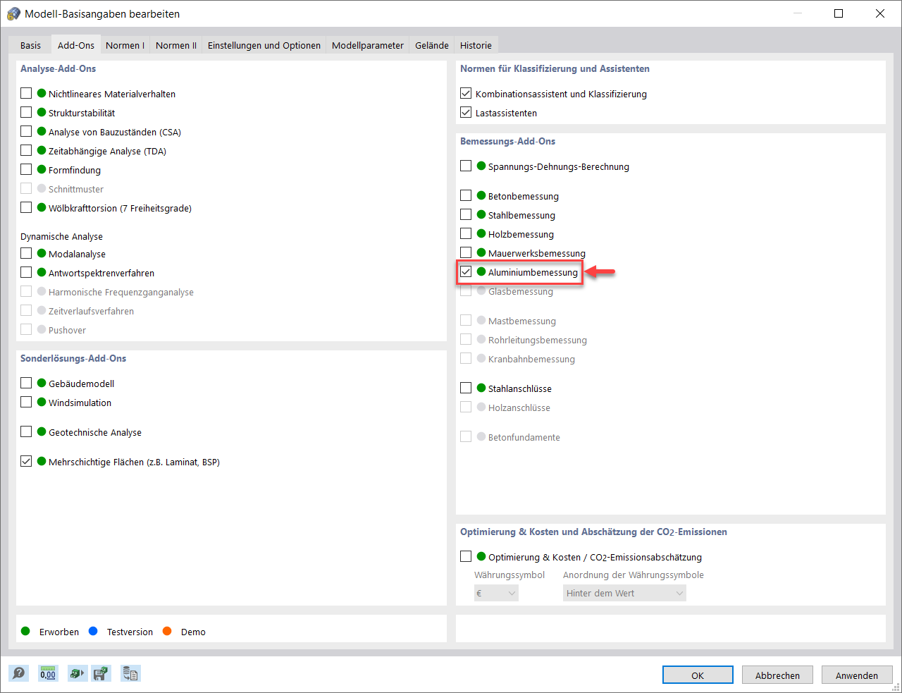 Aktivierung des Add-Ons Aluminiumbemessung