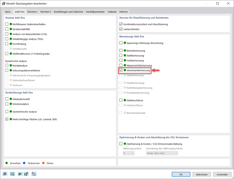 Aktivierung des Add-Ons Aluminiumbemessung