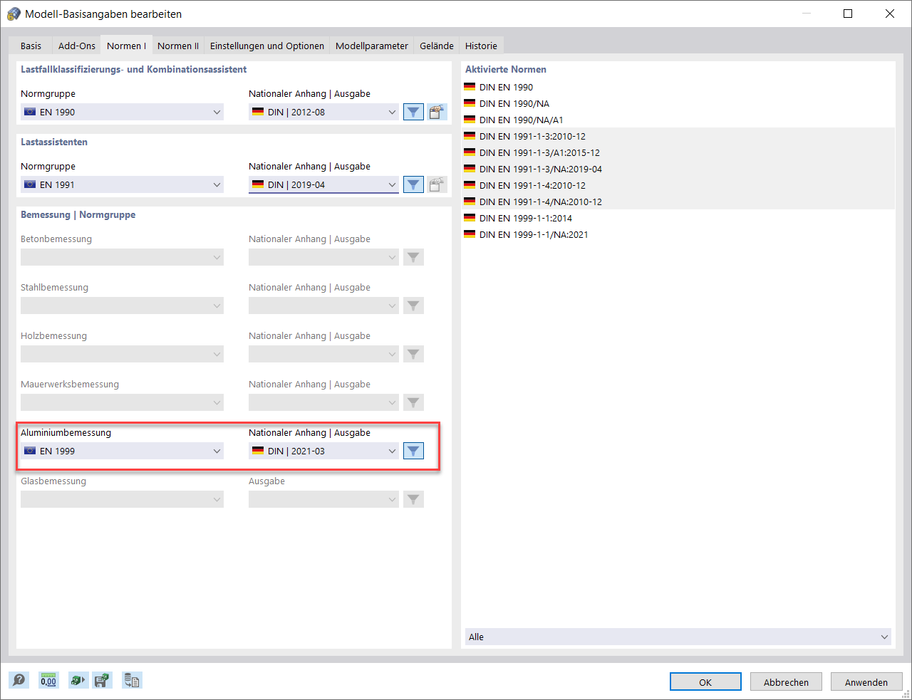 Einstellen der Bemessungsnorm