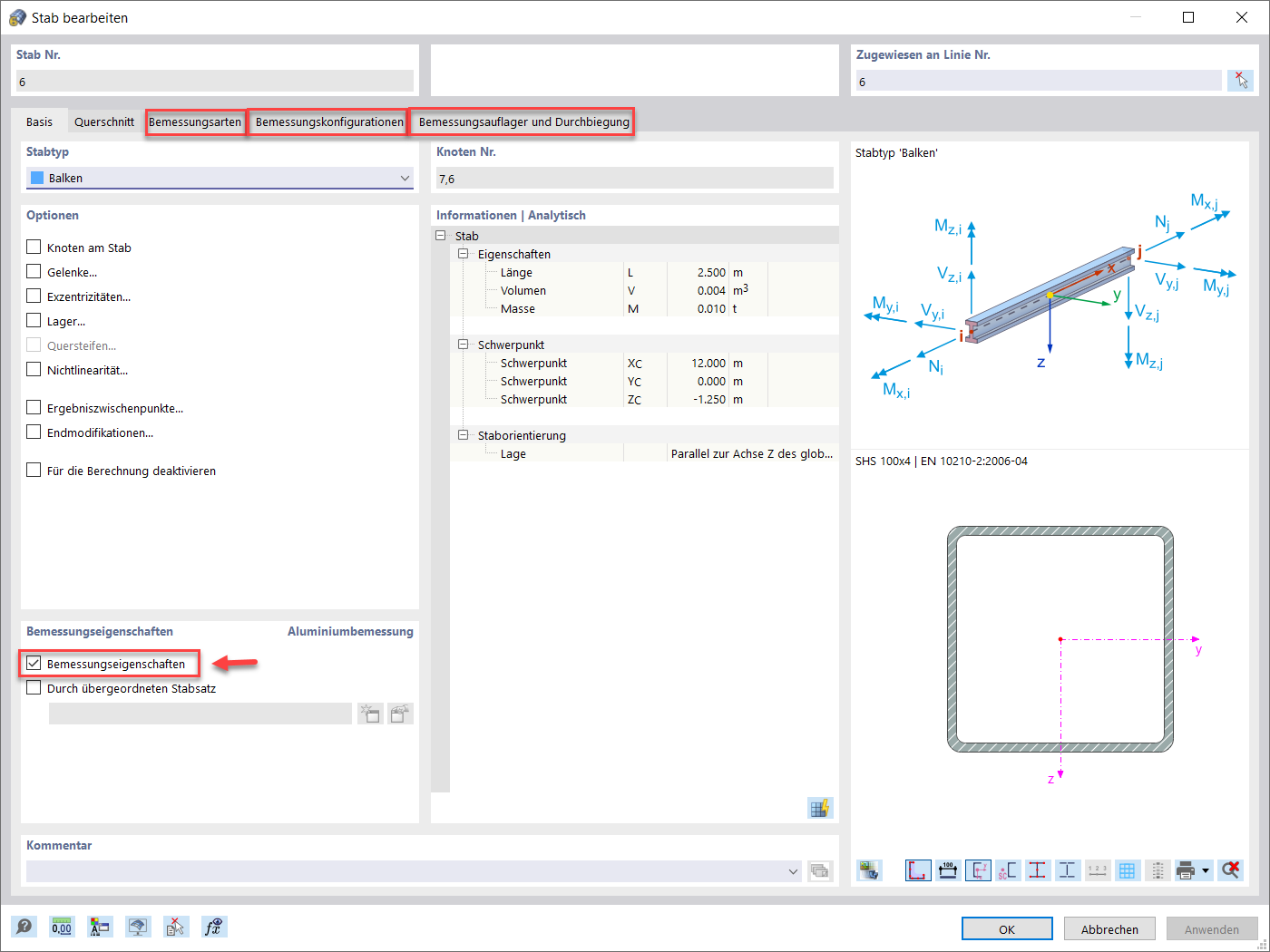 Aktivieren der Bemessungseigenschaften