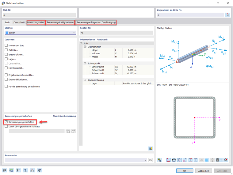 Aktivieren der Bemessungseigenschaften