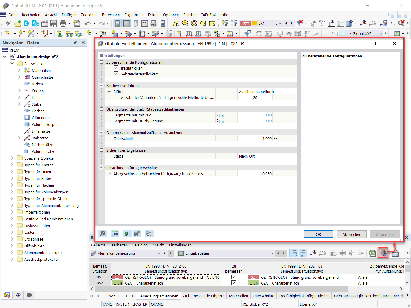 Globale Einstellungen für Aluminiumbemessung