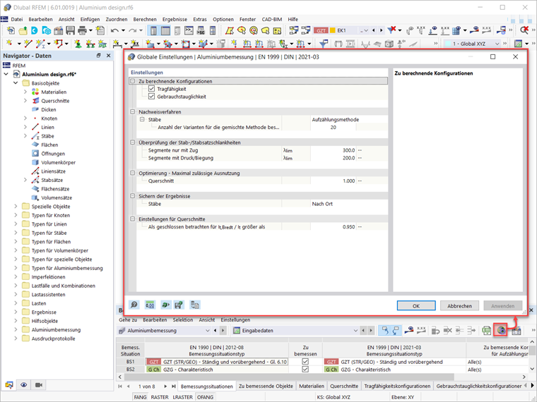 Globale Einstellungen für Aluminiumbemessung