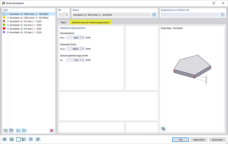 Eingabedialog für die Dicken-Optimierung