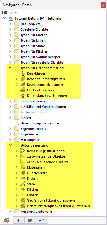 Für Betonbemessung relevante Navigator-Elemente