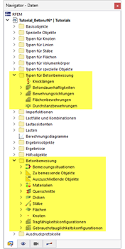 Für Betonbemessung relevante Navigator-Elemente