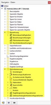 Für Betonbemessung relevante Navigator-Elemente