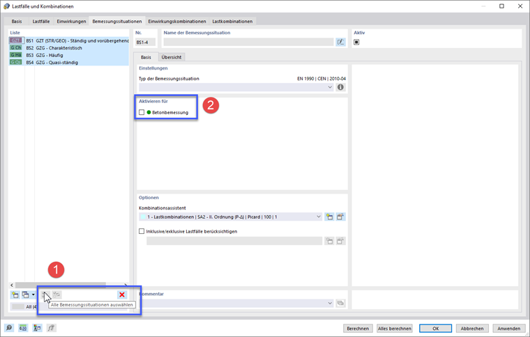 Deaktivieren von BS1 bis BS4 für die Betonbemessung