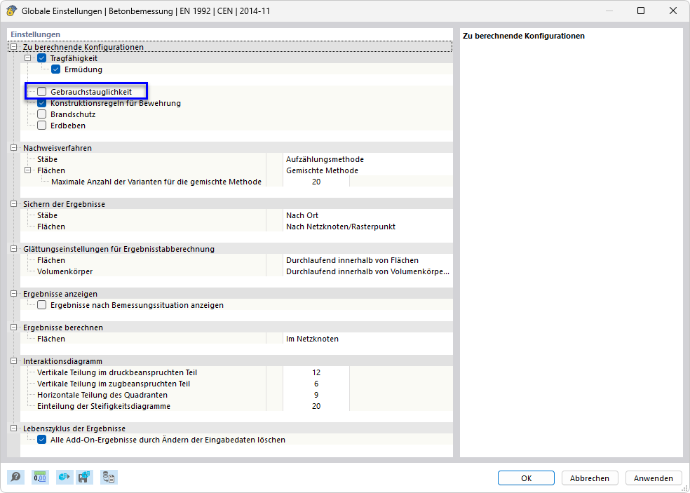 Deaktivieren der Bemessung der 'Gebrauchstauglichkeit'