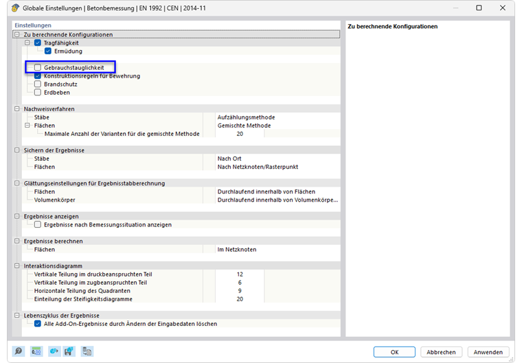 Deaktivieren der Bemessung der 'Gebrauchstauglichkeit'