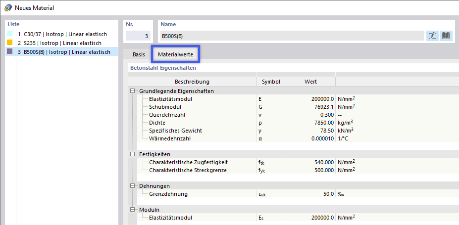 Materialwerte für Betonbemessung