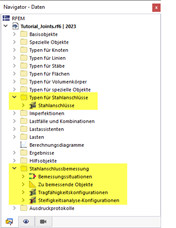 Kategorien für Stahlanschlussbemessung im Navigator - Daten