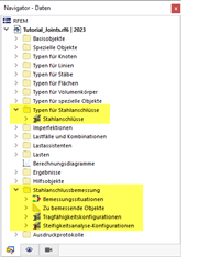 Kategorien für Stahlanschlussbemessung im Navigator - Daten