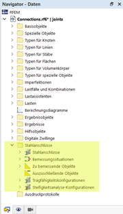 Kategorien für Stahlanschlussbemessung im Navigator - Daten