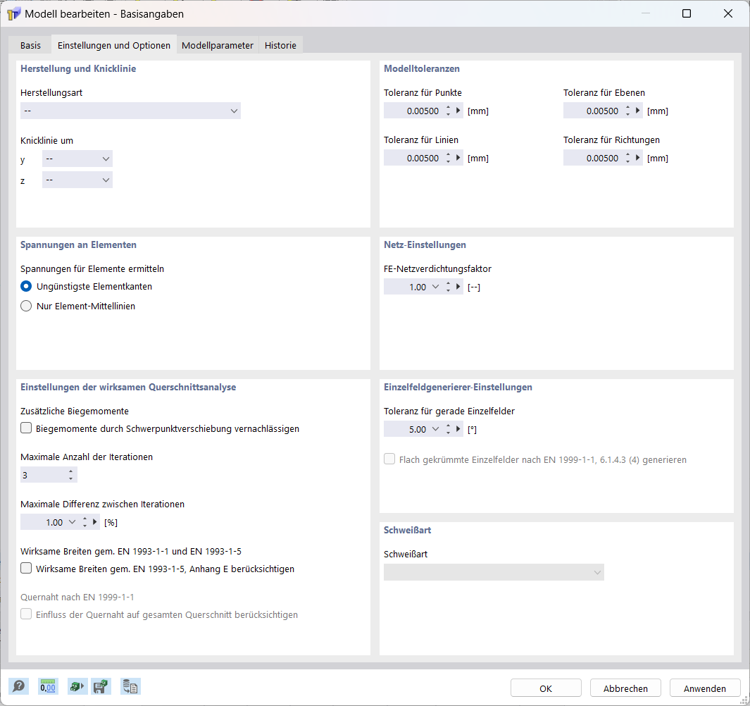 Dialog 'Neues Modell - Basisangaben', Register 'Einstellungen und Optionen'