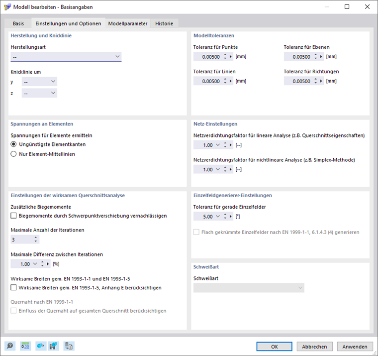 Dialog 'Neues Modell - Basisangaben', Register 'Einstellungen und Optionen'