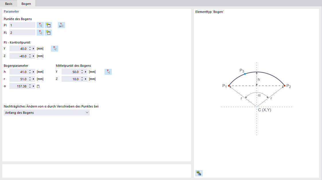 Dialog 'Neues Element', Register 'Bogen'