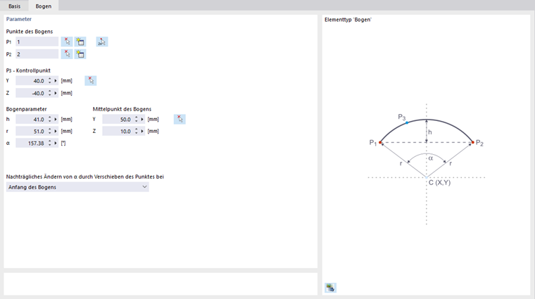 Dialog 'Neues Element', Register 'Bogen'